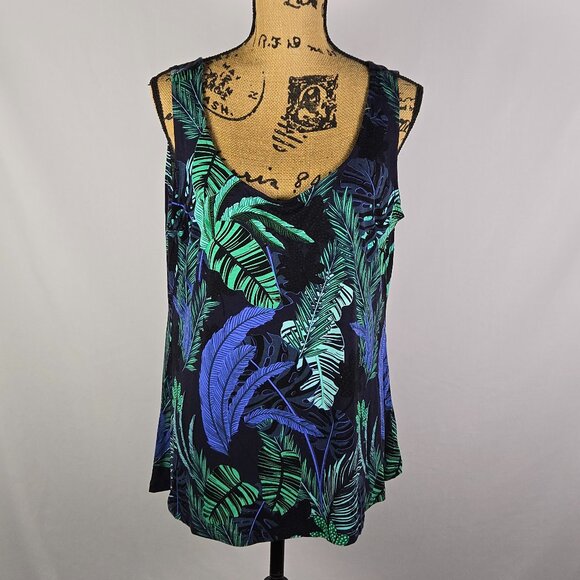 Ellos Tropical Leaf Print Tank Top Womens M Sleeveless Rayon Green Resort Boho‎ - Picture 1 of 10